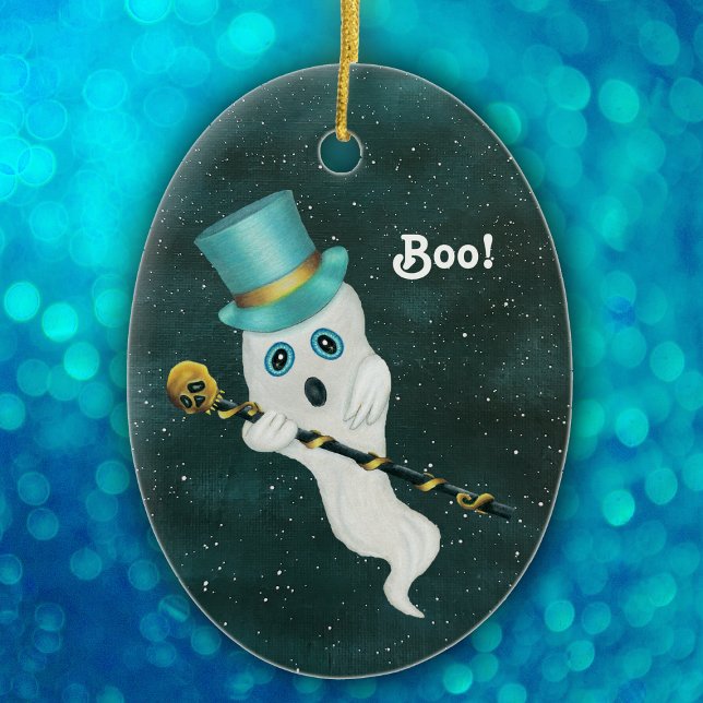 Ghost in Starry-Night-Sky-Top-Hat-Skull verkleidet Keramik Ornament (Cute fancy ghost in top hat with gold skull cane on night sky with stars on hanging ornament.)