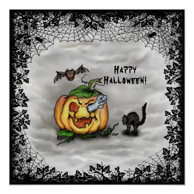 Ghost , Katze , Bat and Pumpkin , Glückliches Hall Poster (Vorderseite)
