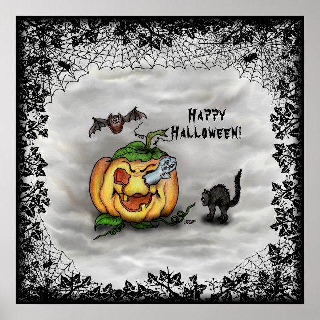 Ghost , Katze , Bat and Pumpkin , Glückliches Hall Poster (Vorne)