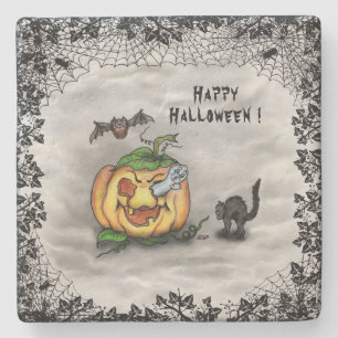 Ghost , Katze , Bat and Pumpkin , Glückliches Hall Steinuntersetzer