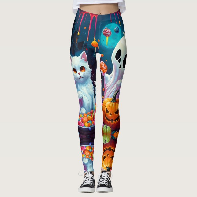 Ghost Kitten Pumpkin Candy Halloween Leggings (Vorderseite)