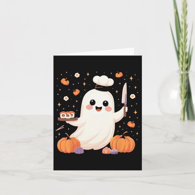 Ghost Koch mit Sushi Tray Funny Halloween Spooky Karte (Vorderseite)