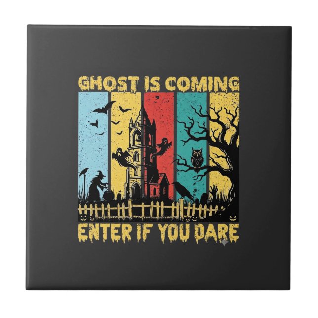 Ghost kommt Halloween Spukhaus Hexe Eule_ Fliese (Vorderseite)