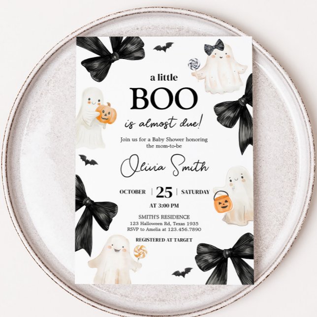 Ghost Little Boo Halloween Babydusche Einladung (Black Bow Little Boo Halloween Baby Shower Invitation)