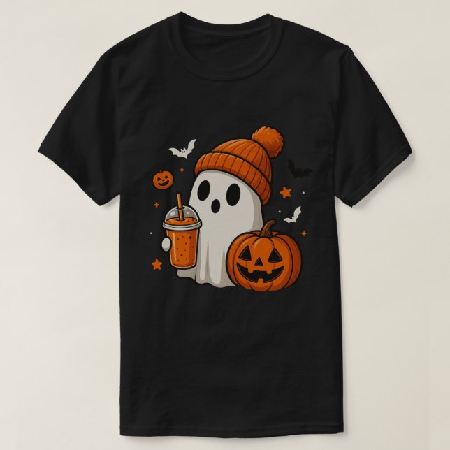 Ghost mit Pumpkin Spice Drink Design T-Shirt (Design vorne)