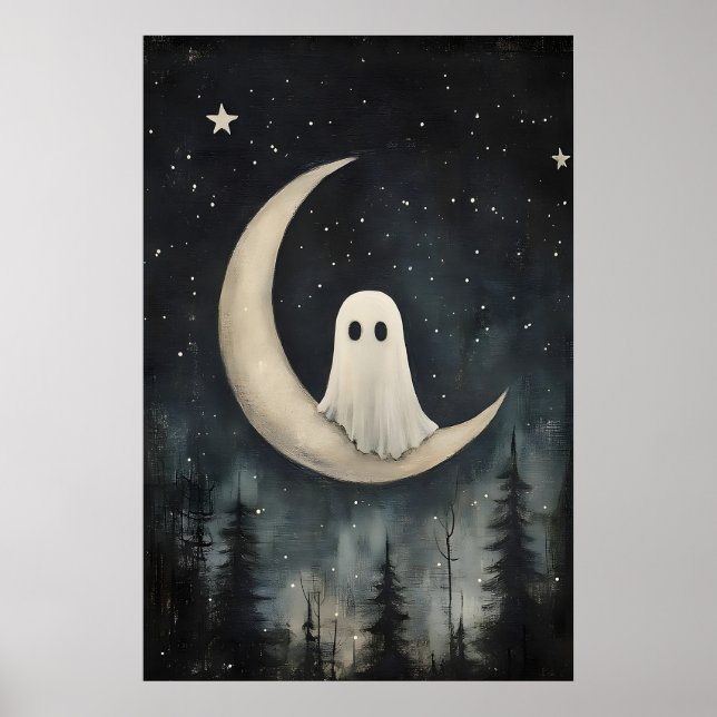 Ghost On Moon Print, Spooky Gothic Forest, Dark Poster (Vorne)