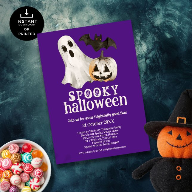 Ghost Pumpkin Bat Spooky Halloween Lila Einladung (Von Creator hochgeladen)