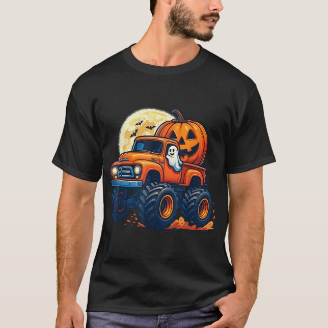 Ghost Pumpkin Riding Monster Truck Lazy Halloween  T-Shirt (Vorderseite)