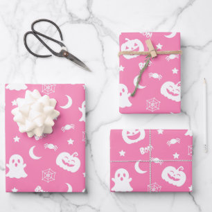 Ghost Pumpkin Spider Moon Pink Halloween Muster Geschenkpapier Set