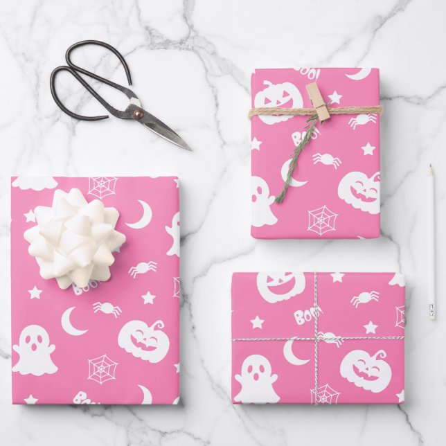Ghost Pumpkin Spider Moon Pink Halloween Muster Geschenkpapier Set (Vorderseite)