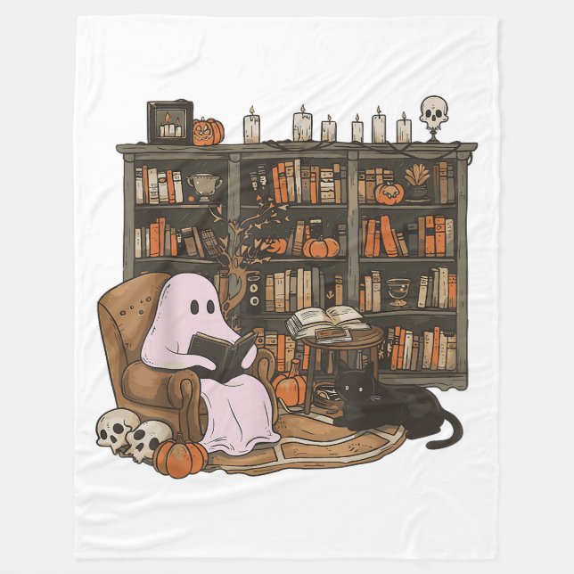 Ghost Reading Book Cat Liebhaber Halloween Fleecedecke (Vorderseite)