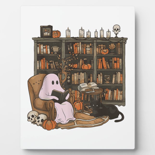 Ghost Reading Book Cat Liebhaber Halloween Fotoplatte (Vorderseite)