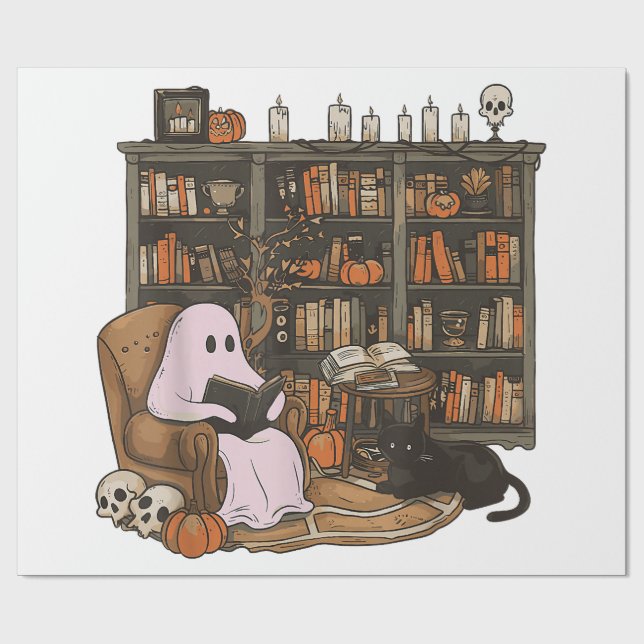 Ghost Reading Book Cat Liebhaber Halloween Geschenkpapier (Flach)