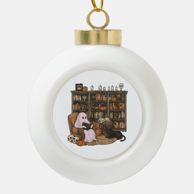 Ghost Reading Book Cat Liebhaber Halloween Keramik Kugel-Ornament (Vorderseite)