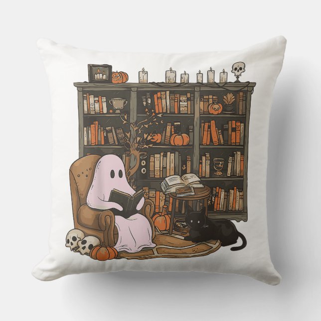 Ghost Reading Book Cat Liebhaber Halloween Kissen (Vorderseite)