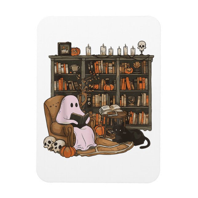 Ghost Reading Book Cat Liebhaber Halloween Magnet (Vertikal)