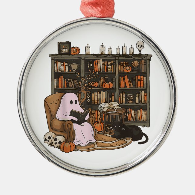 Ghost Reading Book Cat Liebhaber Halloween Ornament Aus Metall (Vorne)