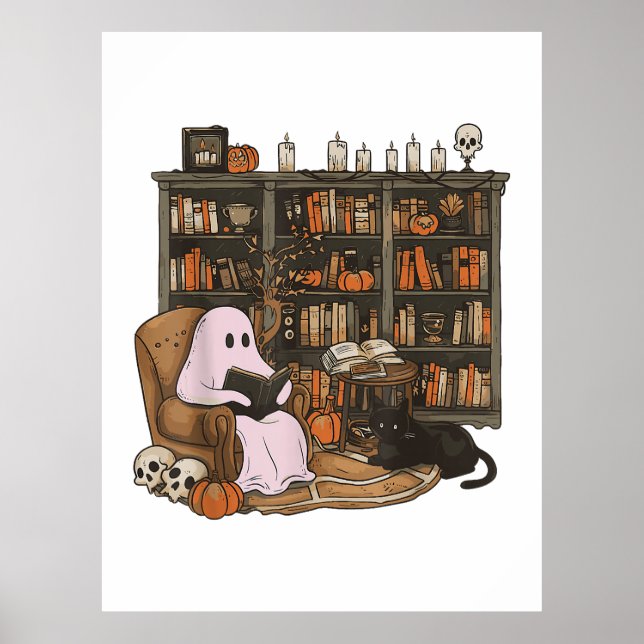 Ghost Reading Book Cat Liebhaber Halloween Poster (Vorne)