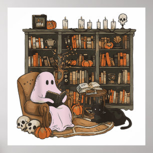 Ghost Reading Book Cat Liebhaber Halloween Poster