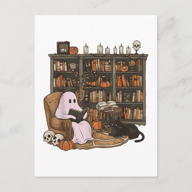 Ghost Reading Book Cat Liebhaber Halloween Postkarte (Vorderseite)