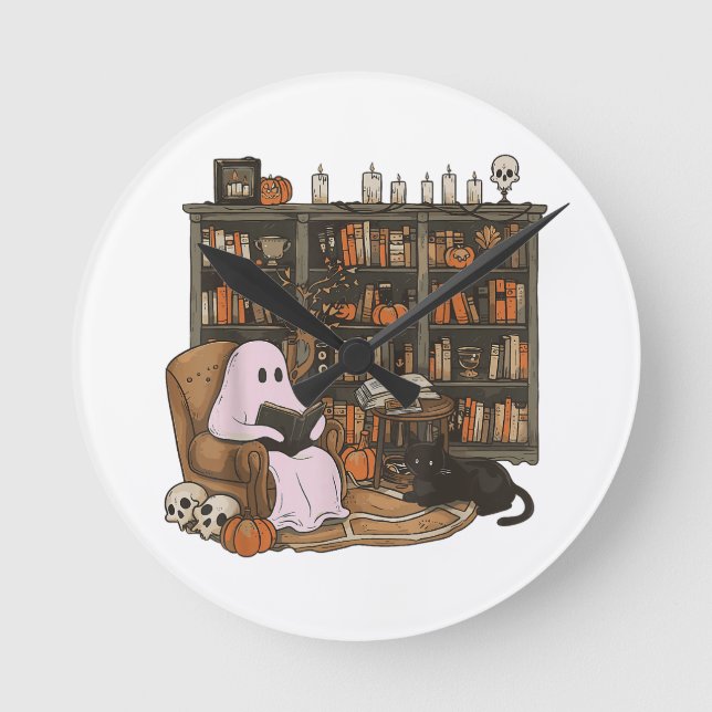 Ghost Reading Book Cat Liebhaber Halloween Runde Wanduhr (Vorderseite)