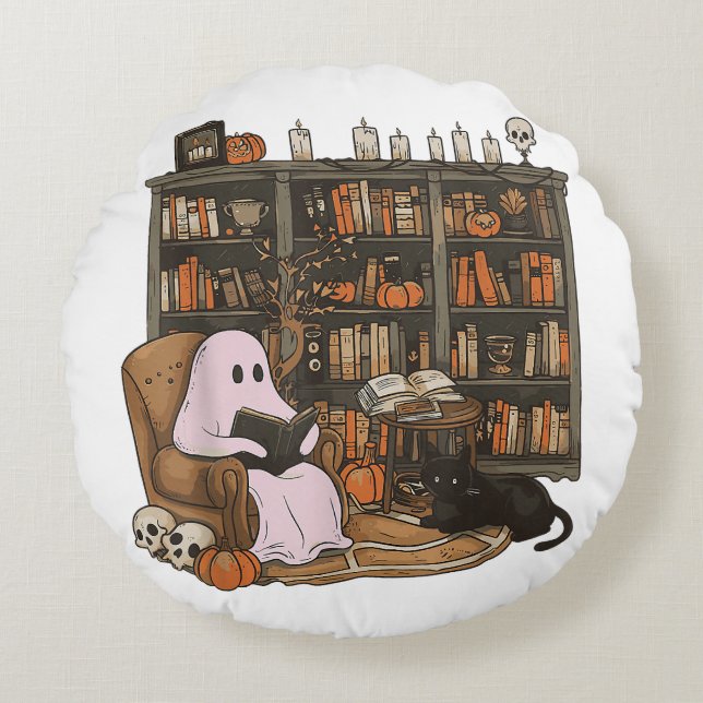 Ghost Reading Book Cat Liebhaber Halloween Rundes Kissen (Vorderseite)