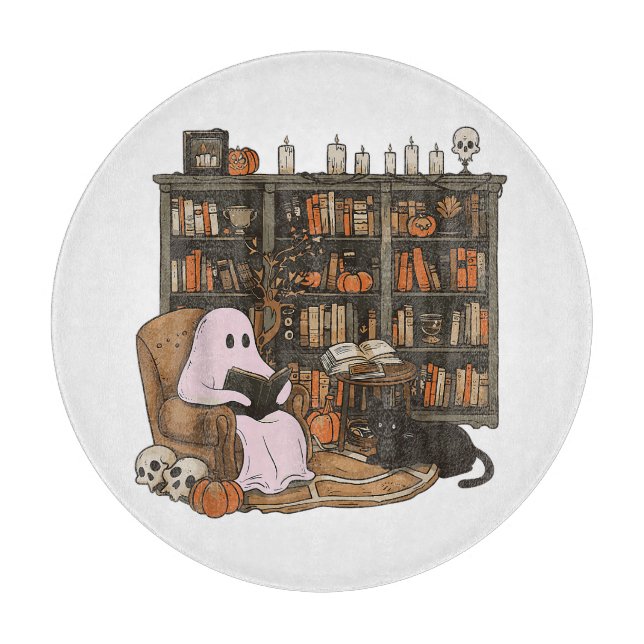 Ghost Reading Book Cat Liebhaber Halloween Schneidebrett (Vorderseite)