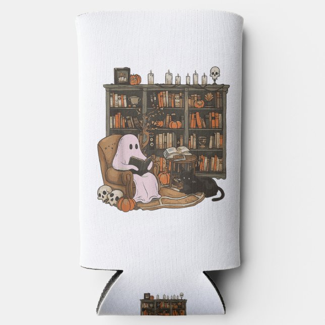 Ghost Reading Book Cat Liebhaber Halloween Selters Dosenkühler (Vorderseite)