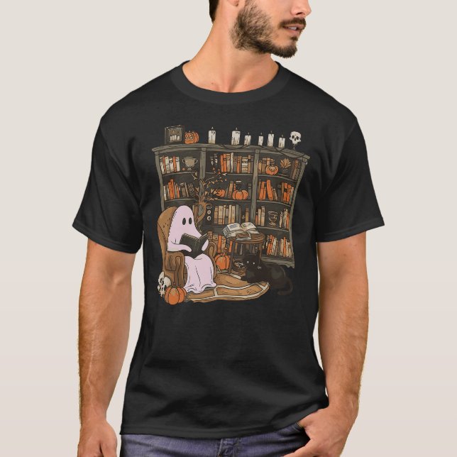 Ghost Reading Book Cat lover Halloween Reading ent T-Shirt (Vorderseite)