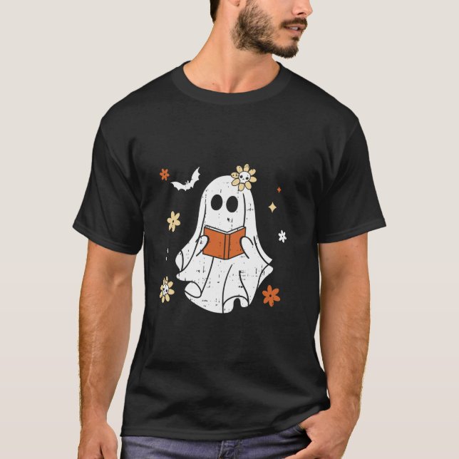 Ghost Reading Book Halloween Design Teacher Librar T-Shirt (Vorderseite)