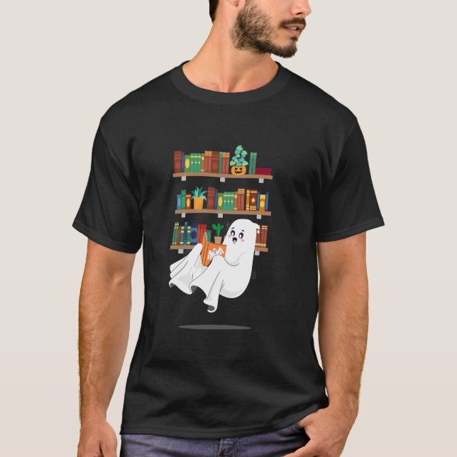 Ghost Reading Book Librarian Bookworm Lehrer Boo T-Shirt (Vorderseite)