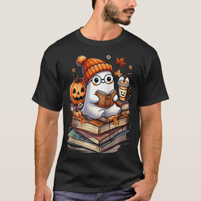 Ghost Reading Book Lovers Autumn Fall Halloween  T-Shirt (Vorderseite)