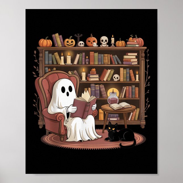 Ghost Reading Book Lovers Halloween Spooky Library Poster (Vorne)