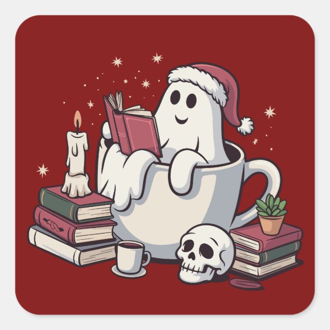 Ghost Reading Books Weihnachtslehrer Bookworm Quadratischer Aufkleber (Vorderseite)