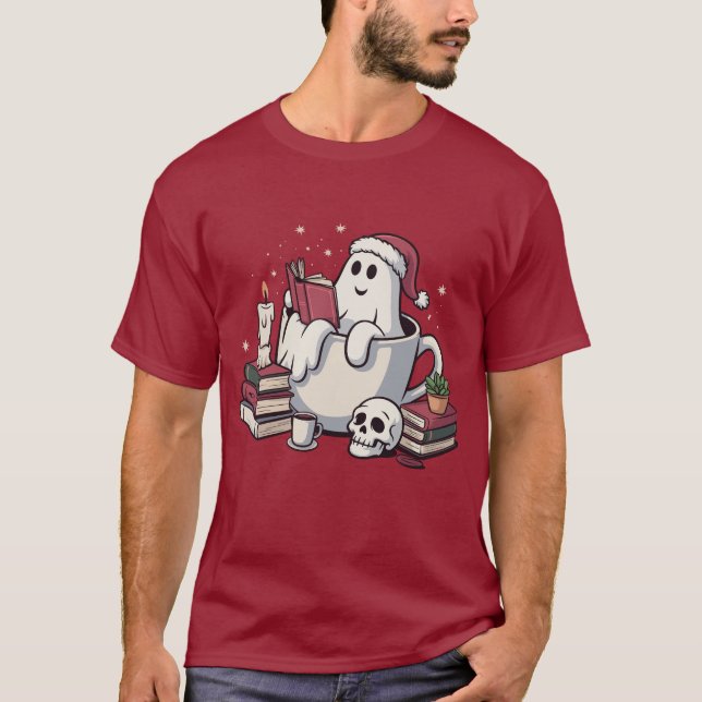 Ghost Reading Books Weihnachtslehrer Bookworm T-Shirt (Vorderseite)