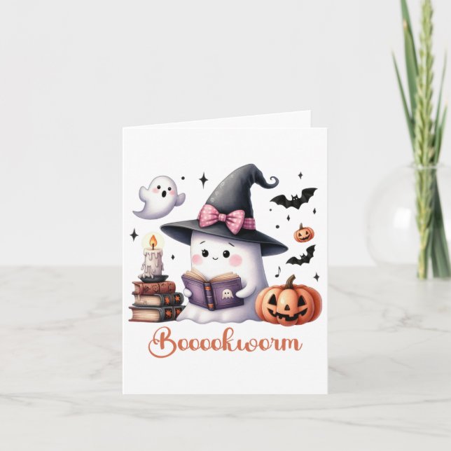 Ghost Reading Buch Coquette Bow Halloween Mädchen  Karte (Vorderseite)