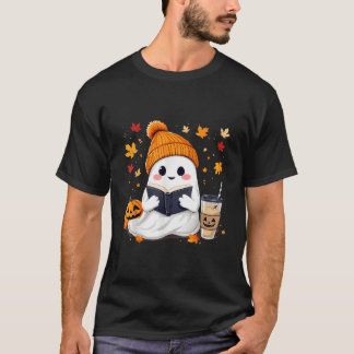 Ghost Reading Buch mit Herbstlauben Halloween Ghos T-Shirt