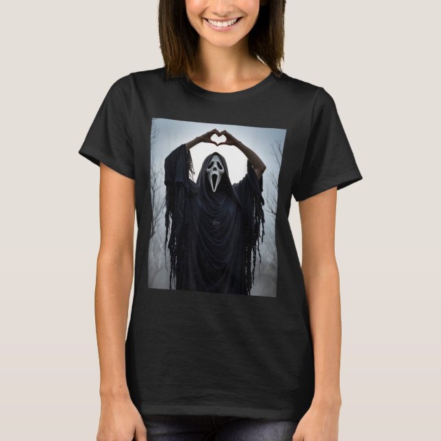Ghost Red Heart Hands Y Face Halloween Valentines  T-Shirt (Vorderseite)