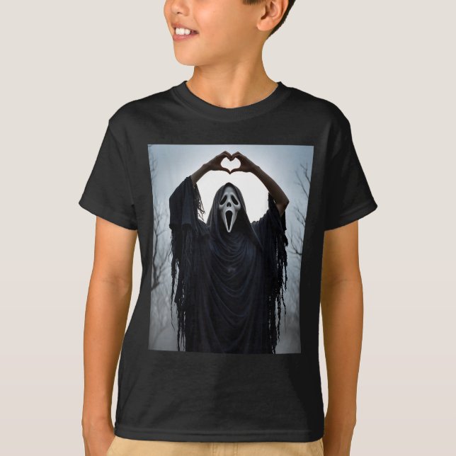 Ghost Red Heart Hands Y Face Halloween Valentines  T-Shirt (Vorderseite)
