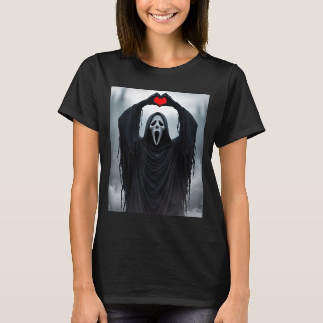 Ghost Red Heart Hands Y Face Halloween Valentines  T-Shirt (Vorderseite)