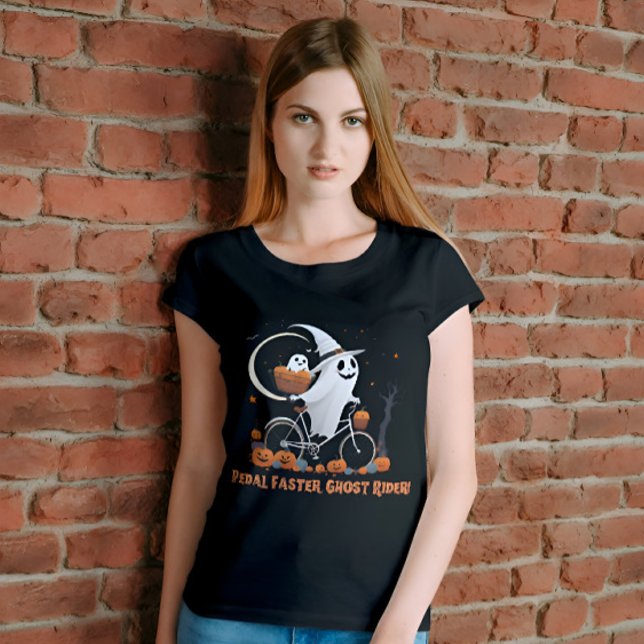 Ghost Riding Bicycle Funny Womens Halloween T-Shirt (Pedal faster, Ghost Rider! Embrace Halloween fun with this cute vintage ghost tee!)