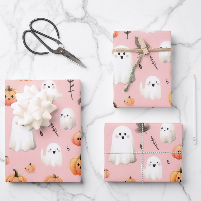 Ghost rosa Helloween Wrapping Paper Sheets Geschenkpapier Set (Vorderseite)