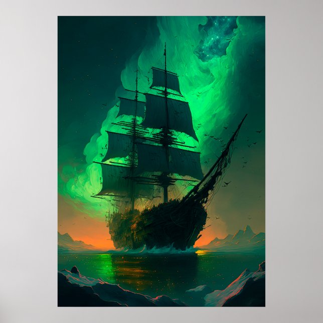 Ghost Ship-Gemälde mit grünem Himmelsblau Poster (Vorne)
