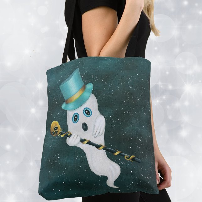 Ghost Top Hat Gold Skull Cane Blue Sky gekleidet (Cute Floating ghost in blue night sky with top hat skull cane on Halloween tote bag.)