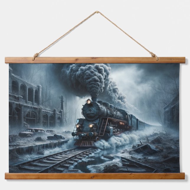 Ghost Train durch eine verlassene Stadt Wandteppich Mit Holzrahmen (Vorne)