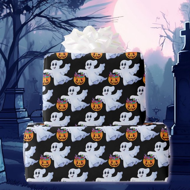 Ghost Trick oder Treat Halloween Orange Black Geschenkpapier (Von Creator hochgeladen)