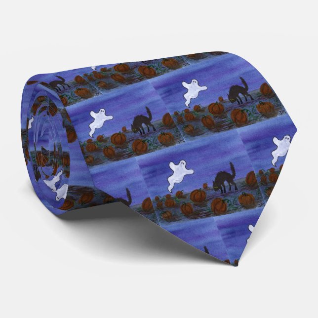 Ghost und Black Cat Pumpkin Patch Neck Tie Krawatte (Gerollt)