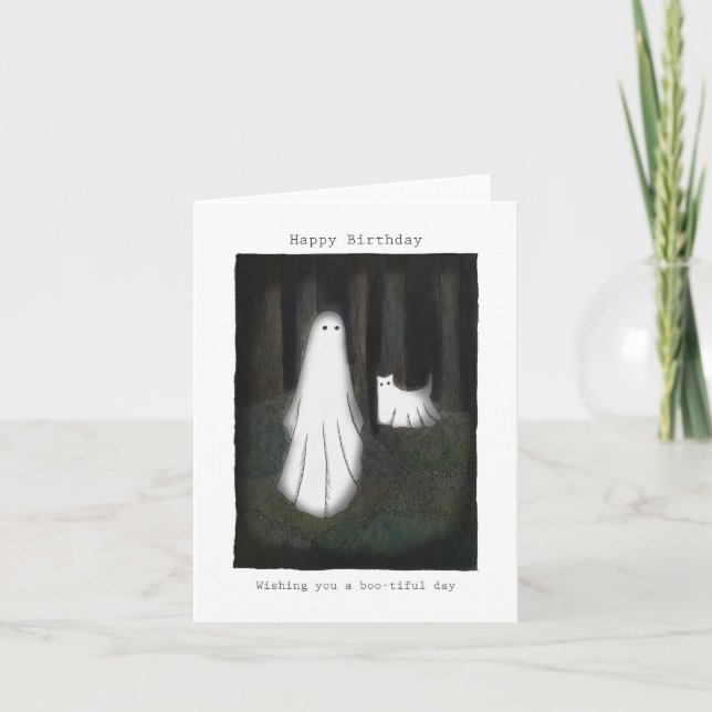 Ghost und Ghost Cat Niedlich lustige Happy Birthda Karte (Vorderseite)