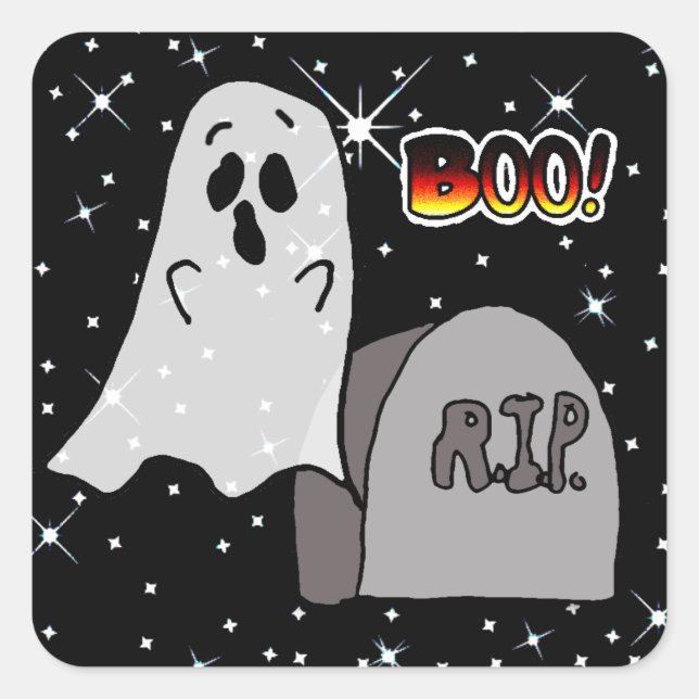 Ghost und Grabstein Boo Halloween Quadratischer Aufkleber (Vorderseite)