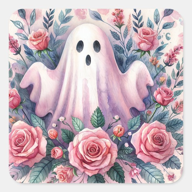 Ghost und Pink Roses Pinkoween Quadratischer Aufkleber (Vorderseite)